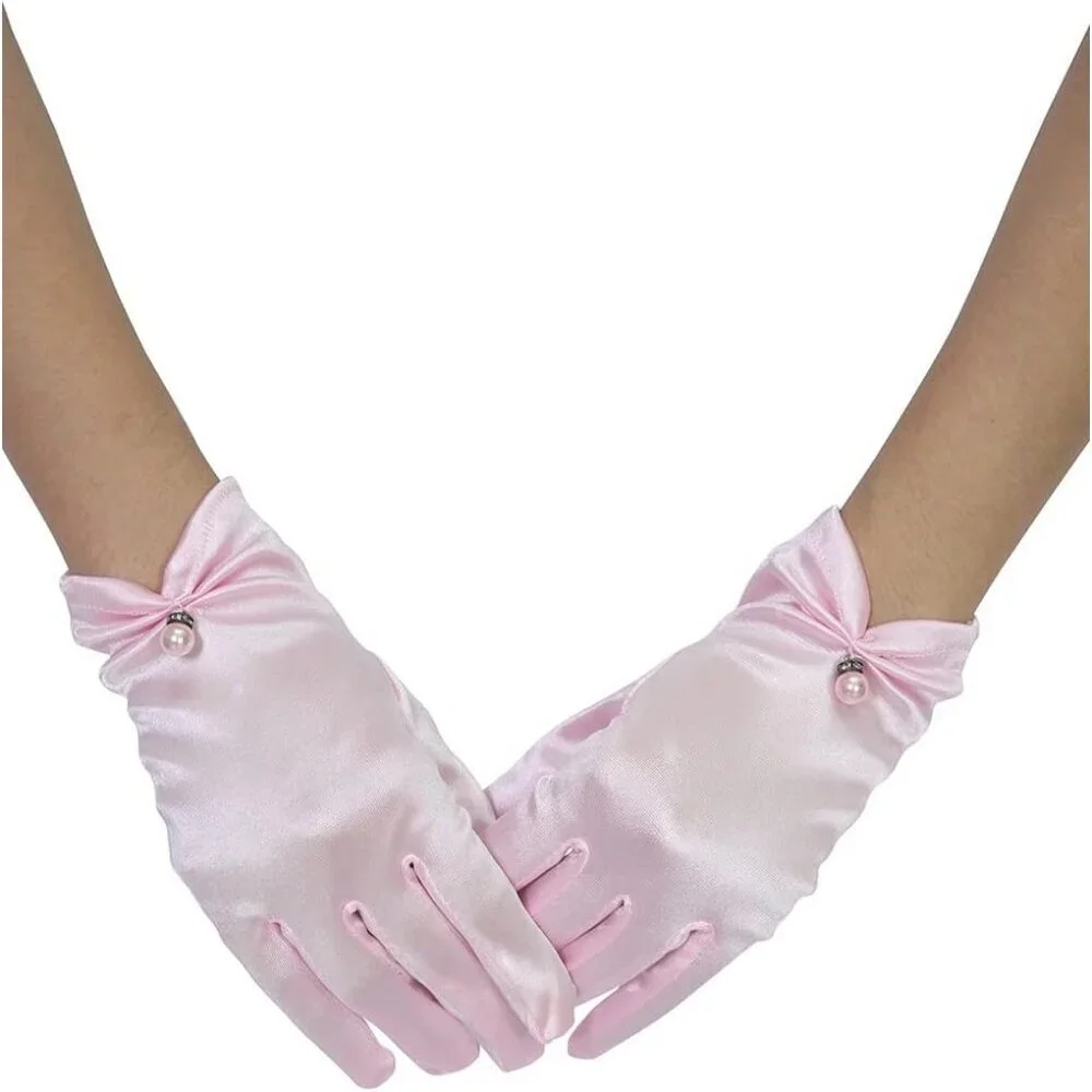 Women's Evening Pink-Satin Short Lace Gloves Wrist Wedding Bridal Party